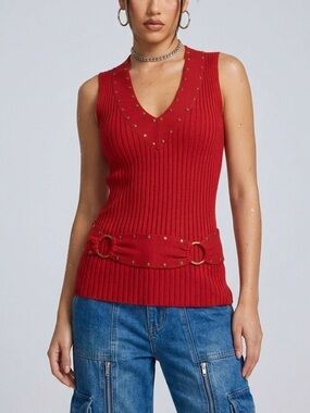Tracy M Vintage Y2K Red Ribbed Studded Belted V-Neck Tank Top Sleeveless - Large